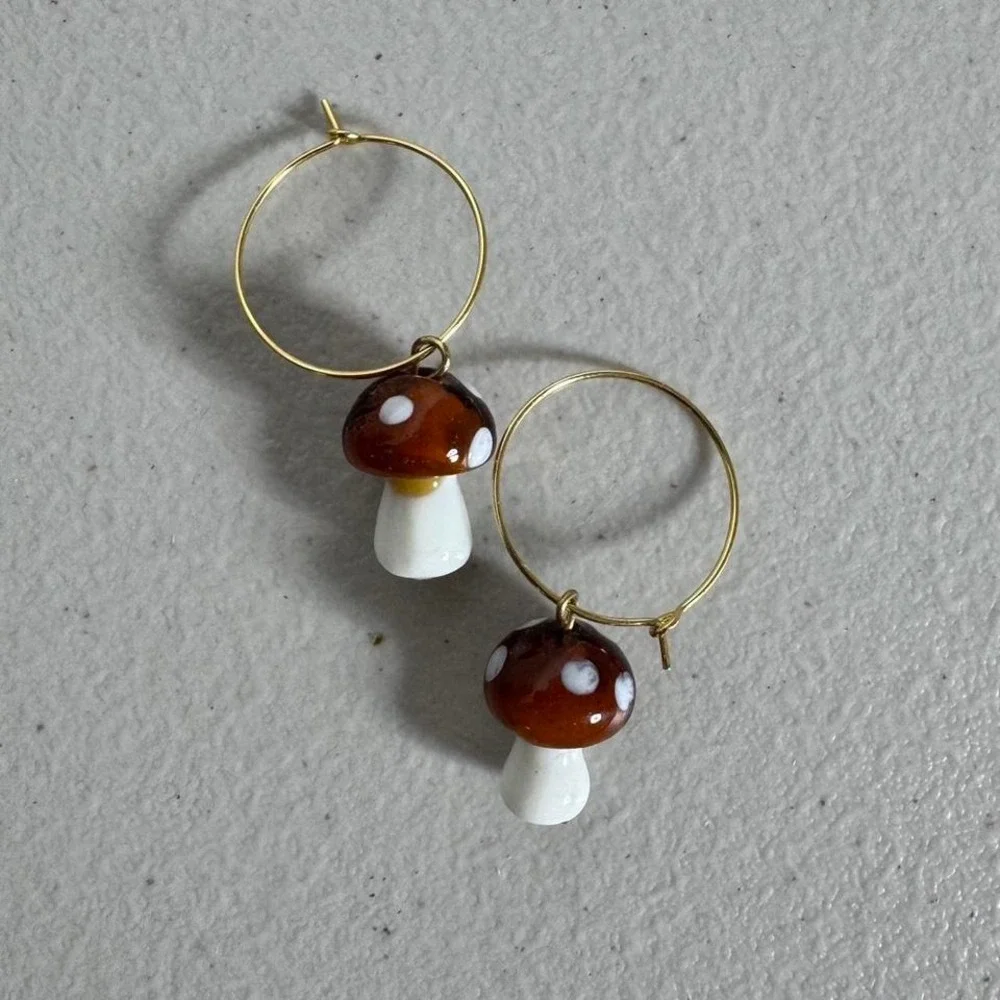 Glass‎ Mushroom Gold Hoop Earrings